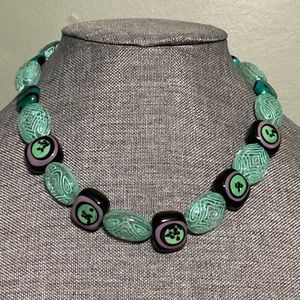 Teal Black Purple Ceramic Square Bead Teal Acrylic Oval Beaded Necklace